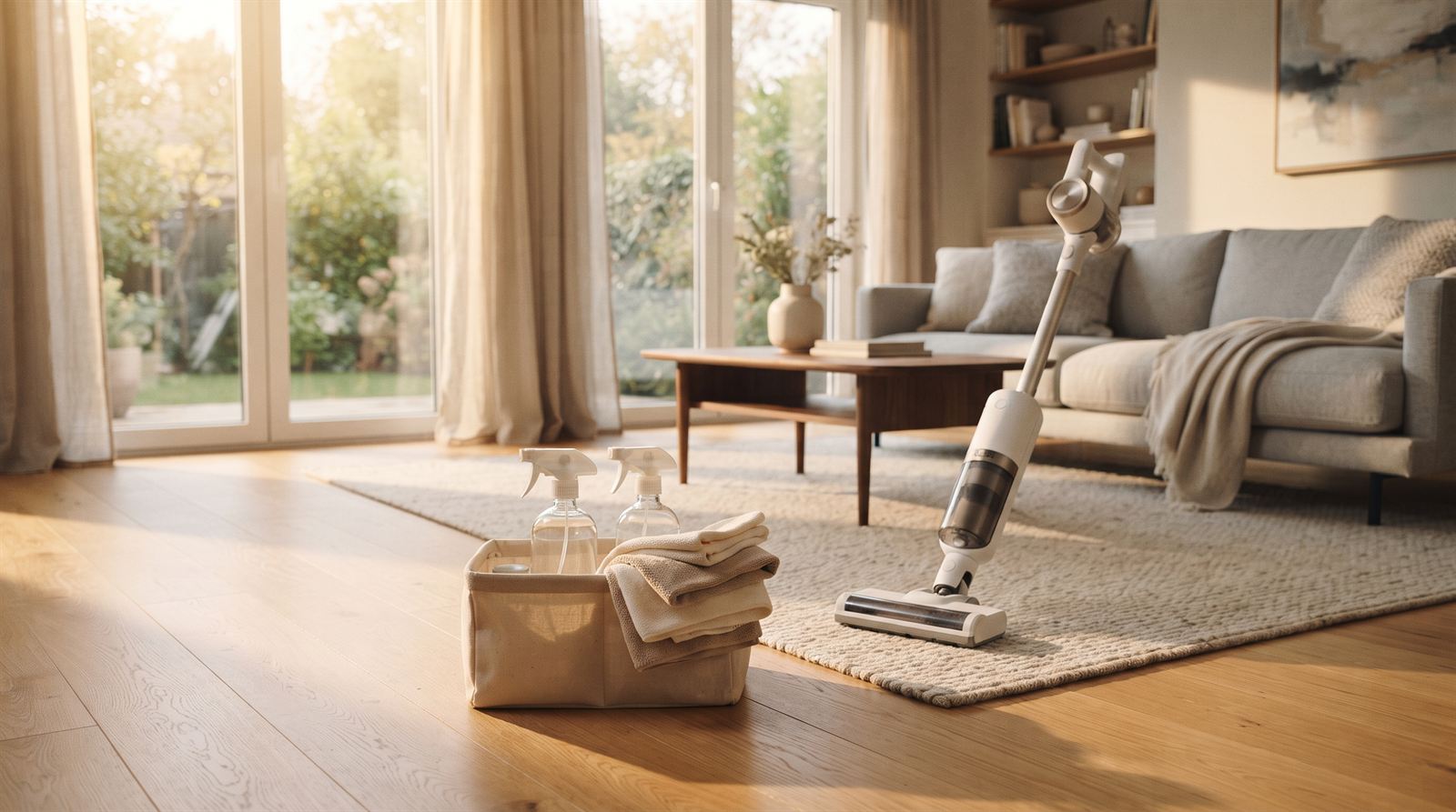 A sunlit living room after a professional clean, with a caddy of supplies and a vacuum