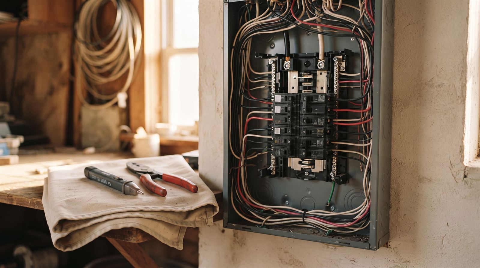 An open residential electrical panel mid-service with a voltage tester and wire strippers on a cloth