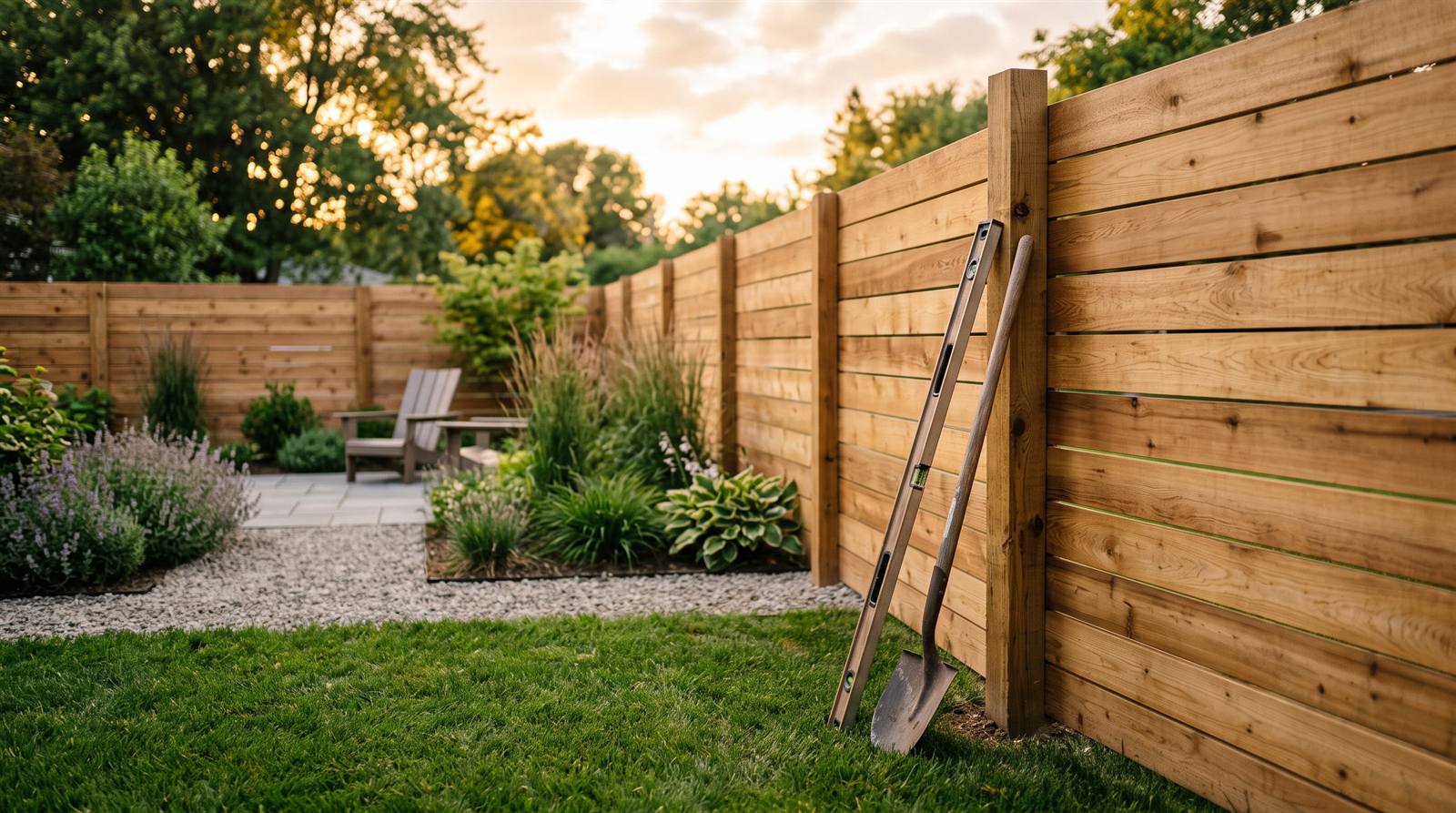 A freshly built modern wood fence in a tidy backyard at golden hour with tools leaning against a post