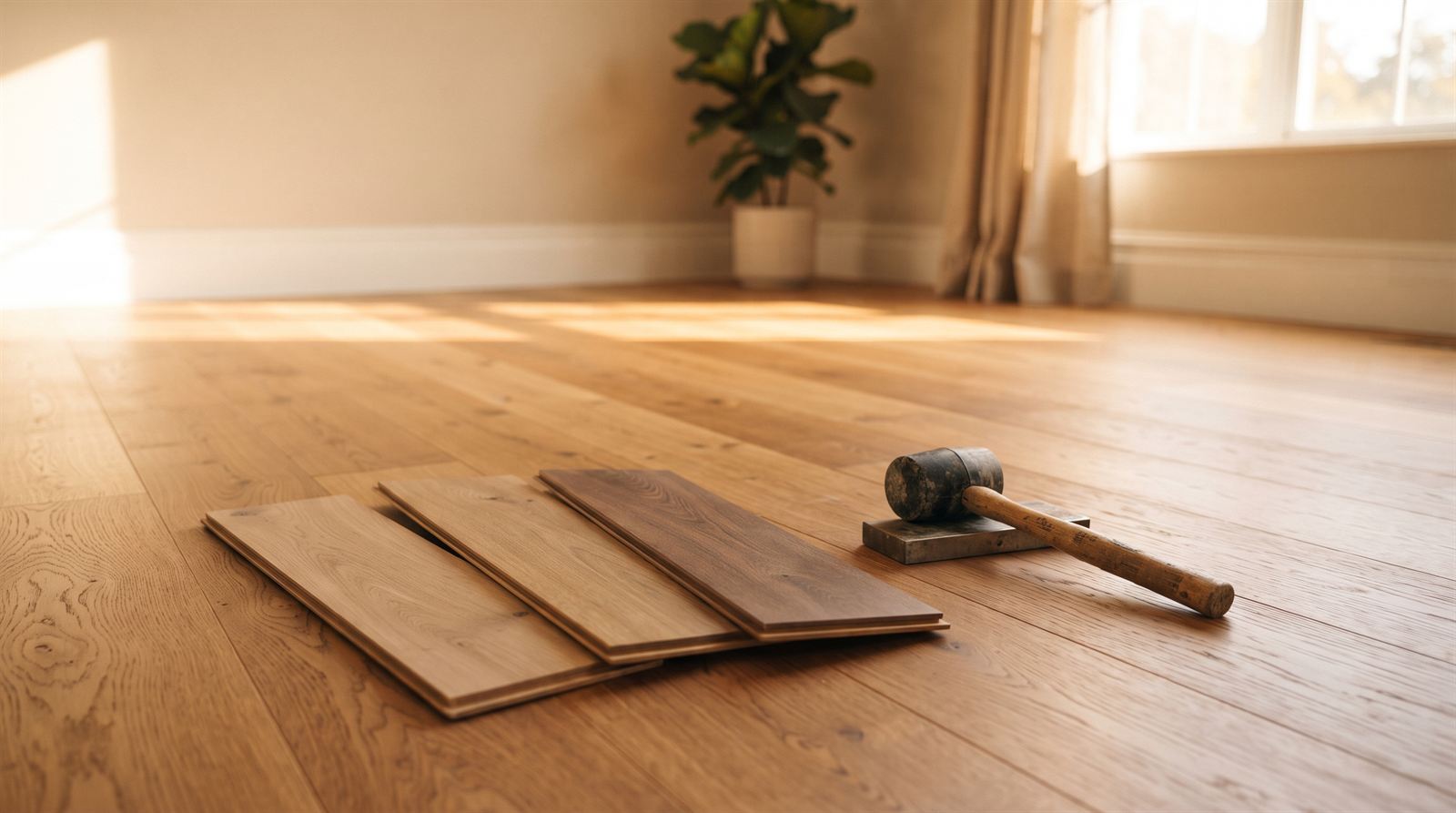 A sunlit room with freshly installed hardwood flooring and wood samples fanned out on the floor