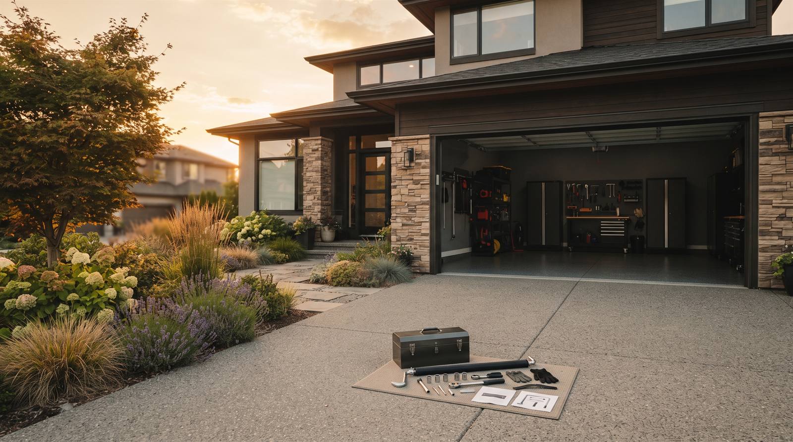 A modern home at golden hour with an open sectional garage door and a toolbox on the driveway