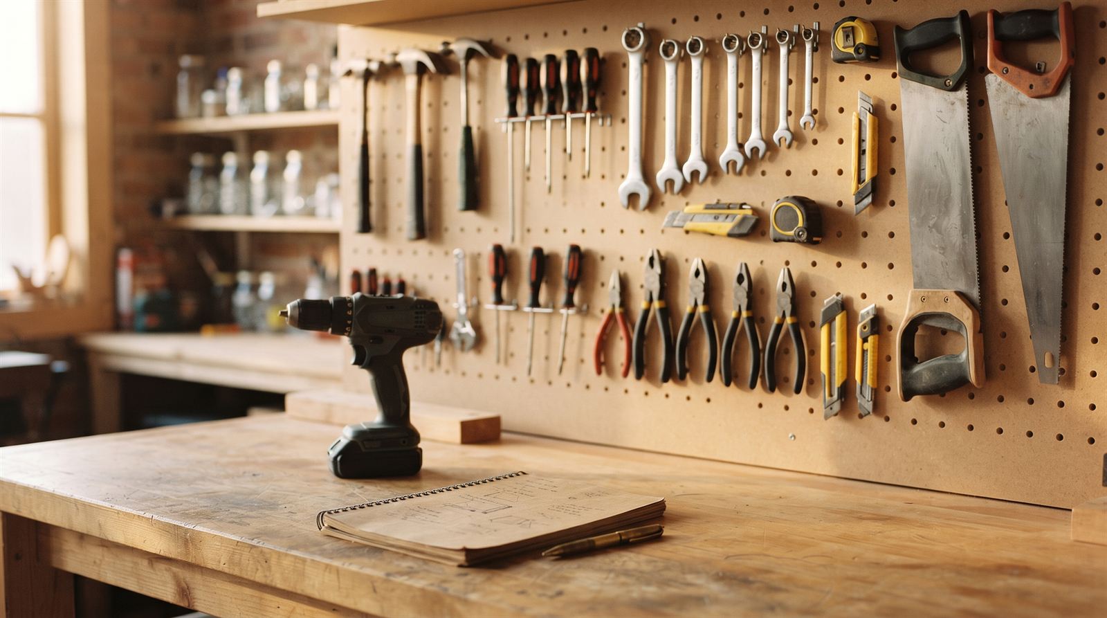 A tidy handyman workbench with a pegboard of organized tools and a cordless drill