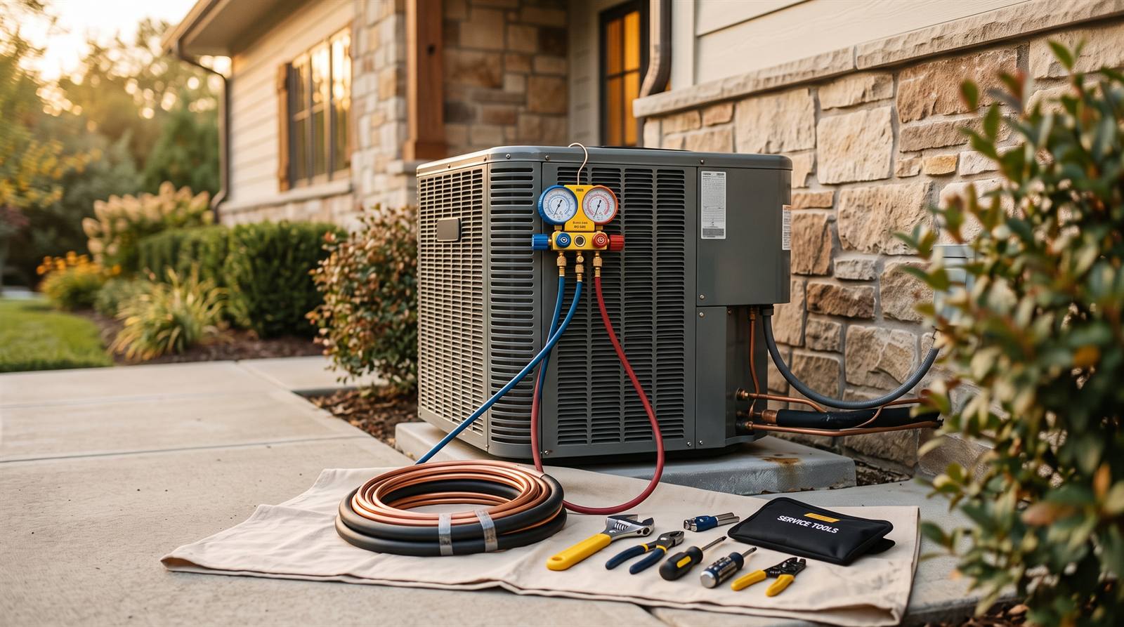 An HVAC air-conditioning condenser unit being serviced beside a home at golden hour, with manifold gauges, a coil of copper line-set, and tools laid out on a drop cloth
