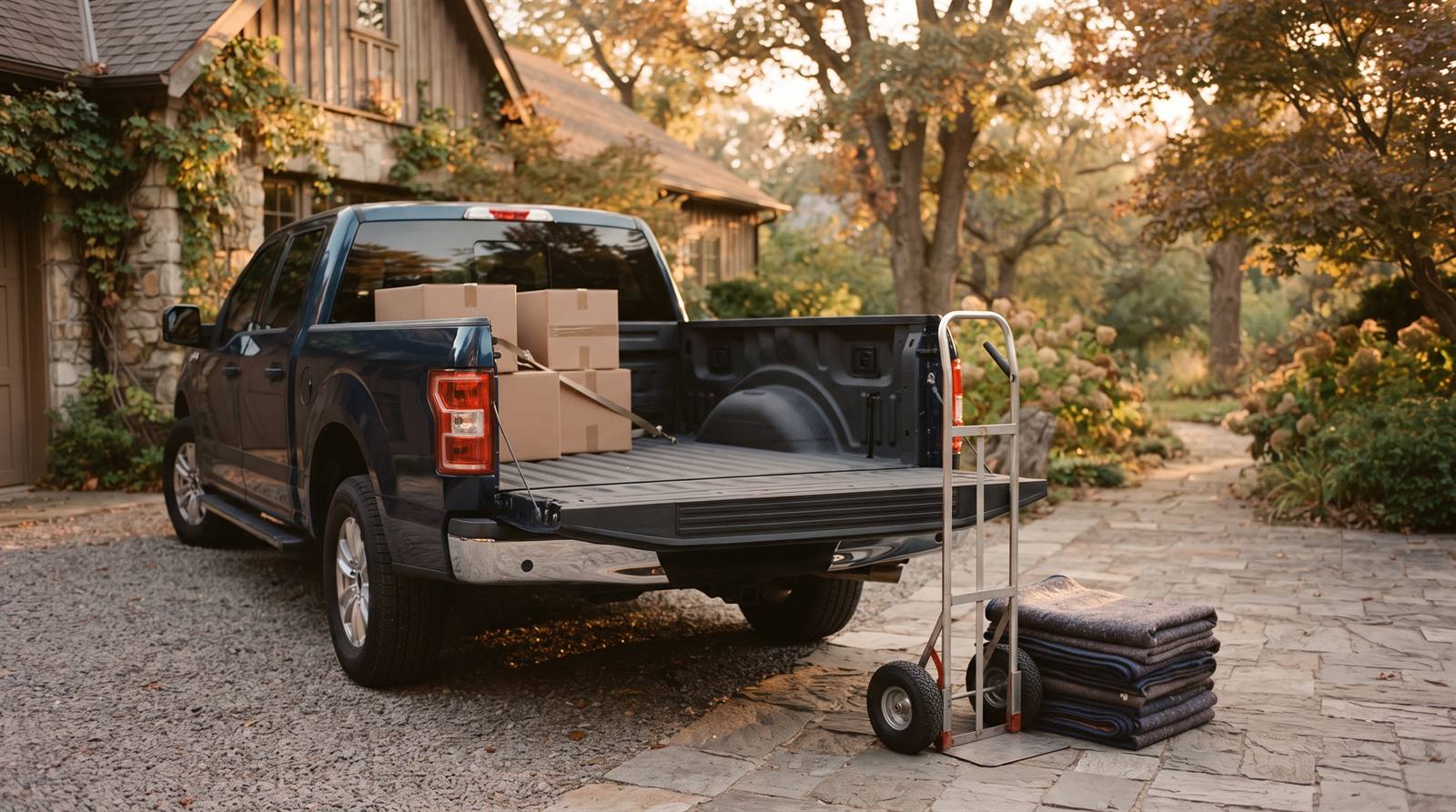 A clean open pickup-truck bed in a warm driveway with a hand dolly and moving blankets