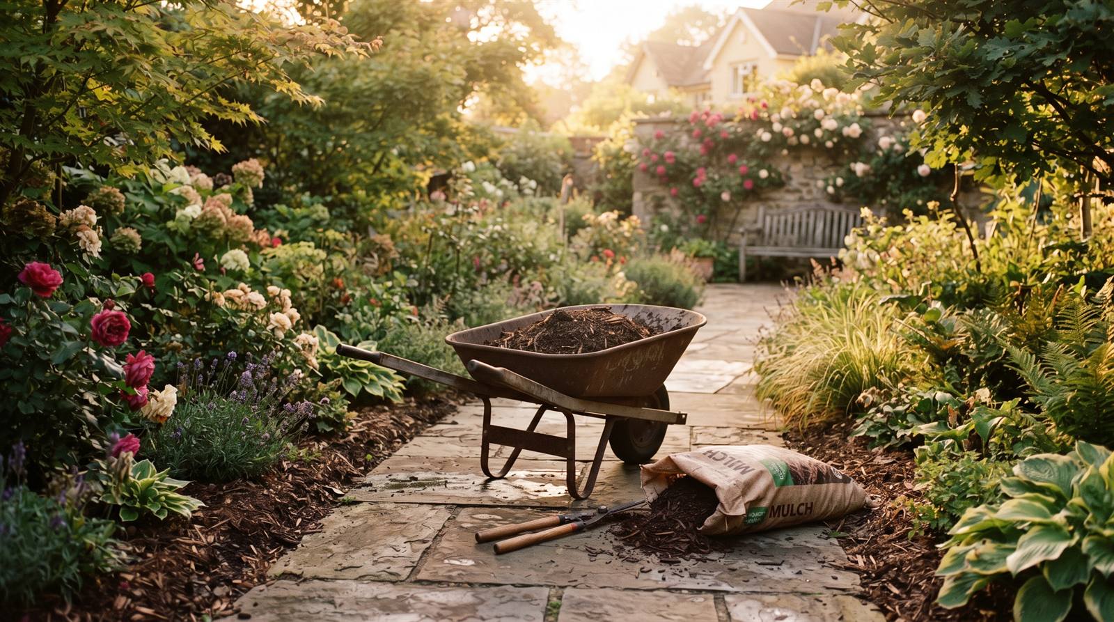 A beautifully manicured backyard garden at golden hour with a wheelbarrow and pruning tools