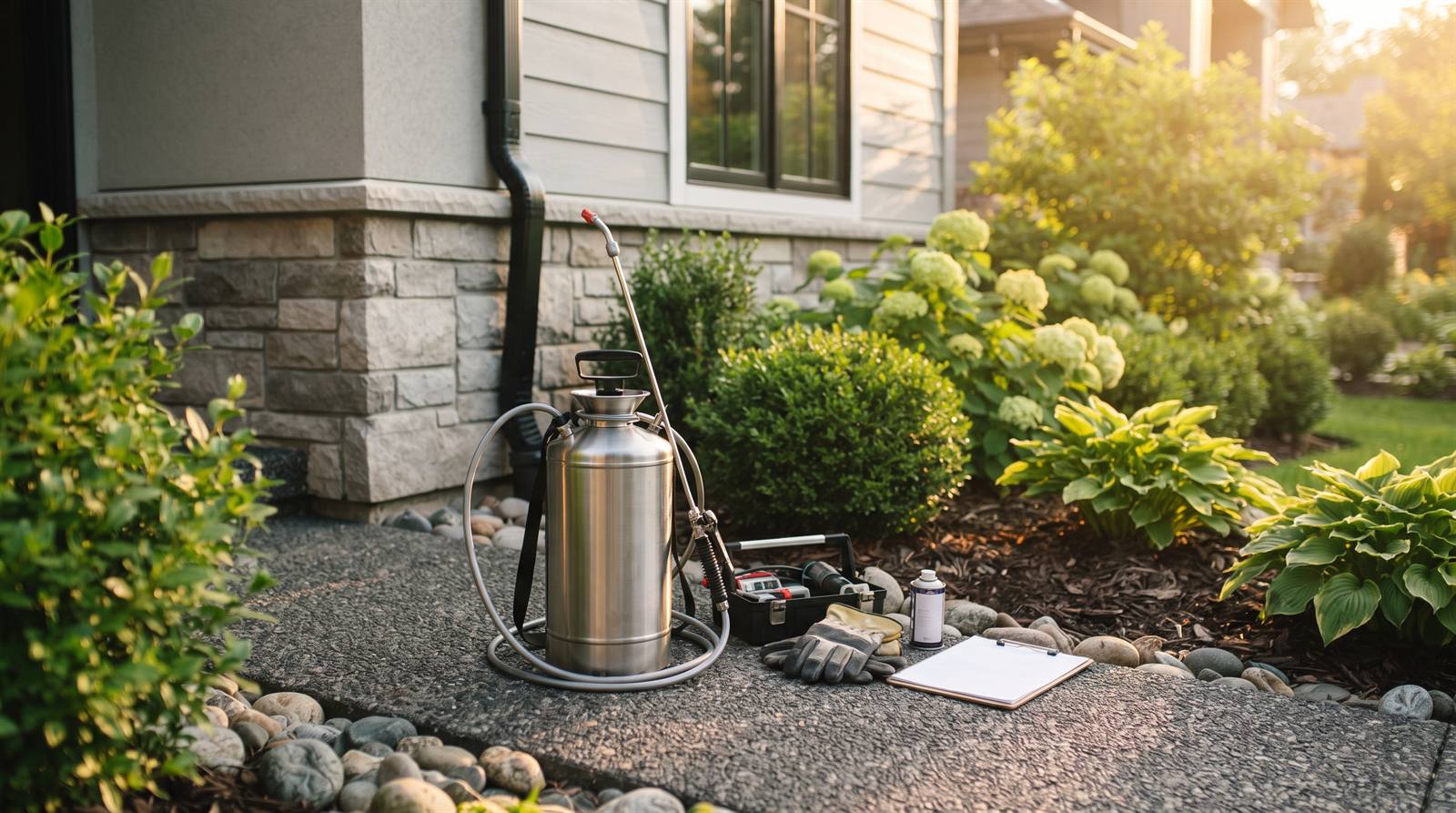 A pest-control sprayer tank and tools resting by the foundation of a modern home at golden hour