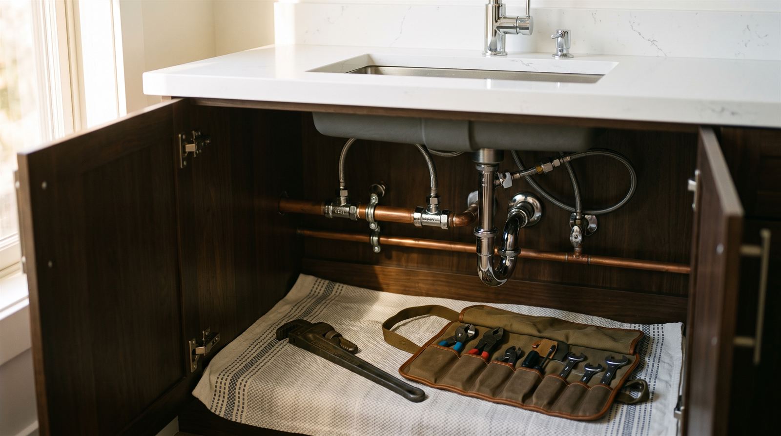 Under a modern sink: clean chrome and copper pipes mid-service with a pipe wrench and tool roll