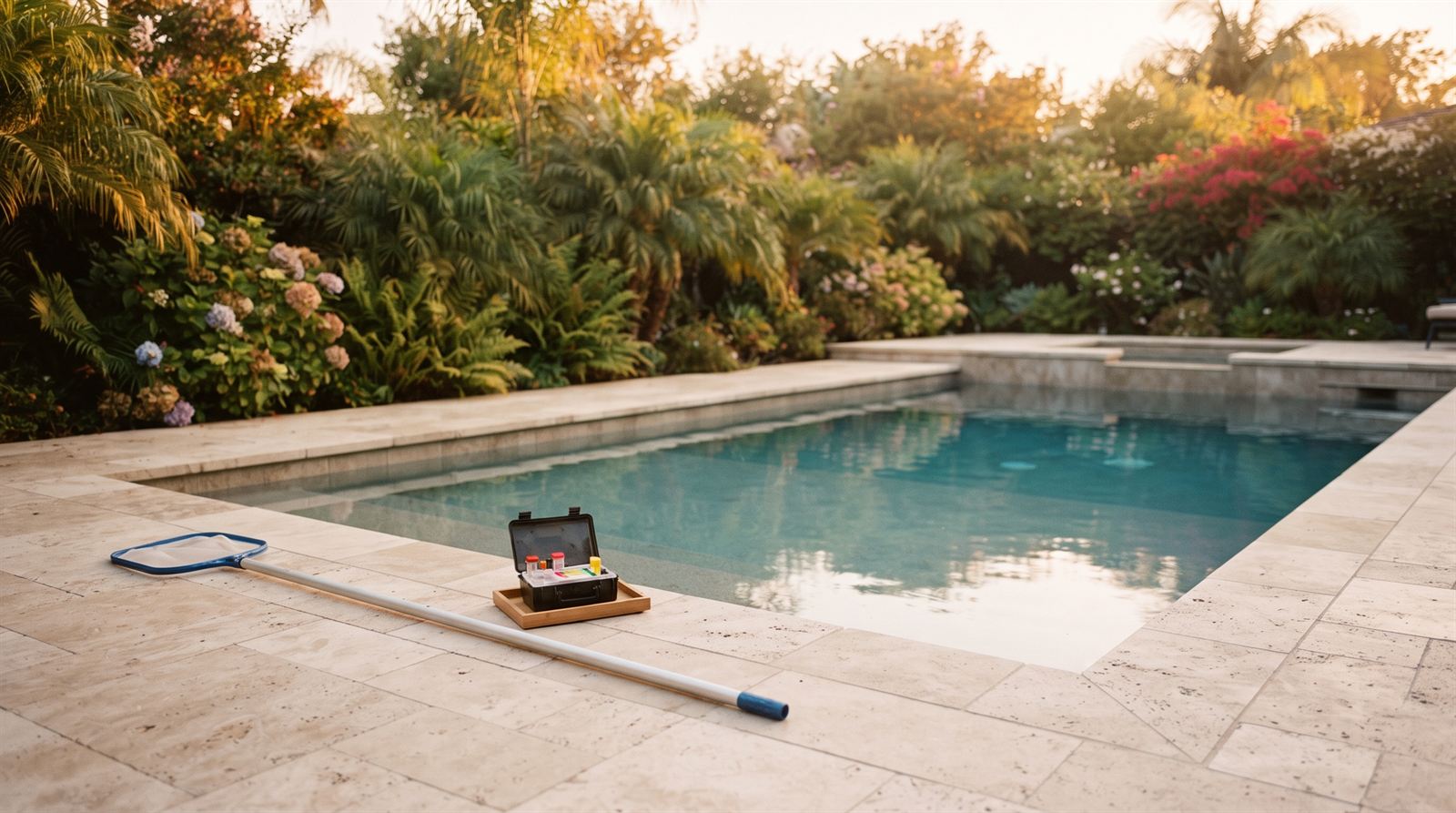 A pristine backyard pool at golden hour with a skimmer net and a water-test kit on the deck