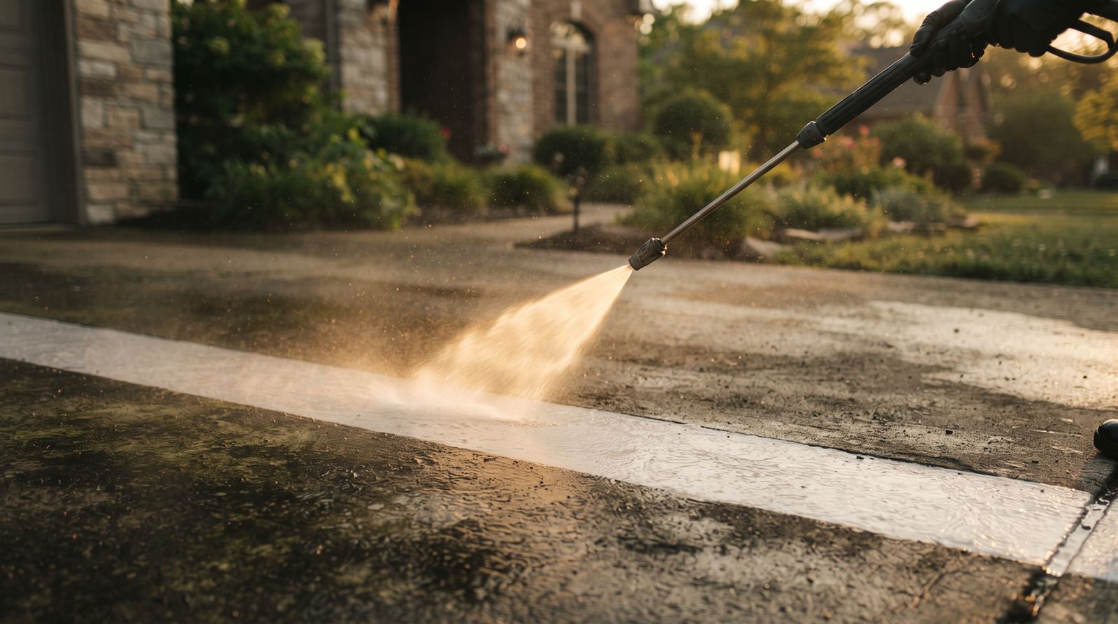 A driveway being pressure-washed showing a clean stripe against grime, with a wand in frame