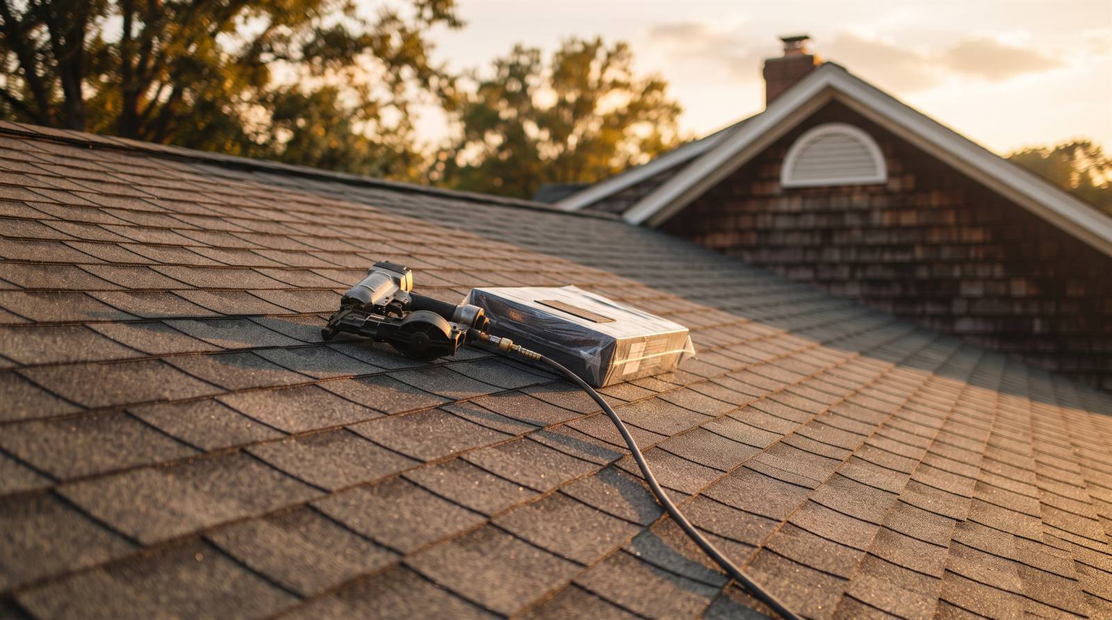 A close section of freshly installed asphalt-shingle roofing on a home at golden hour with a nail gun