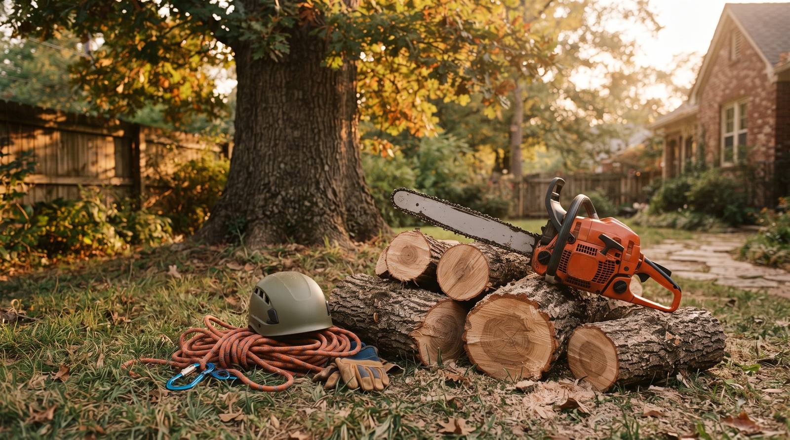 A tree-service scene at golden hour with a chainsaw on fresh-cut logs and coiled climbing ropes