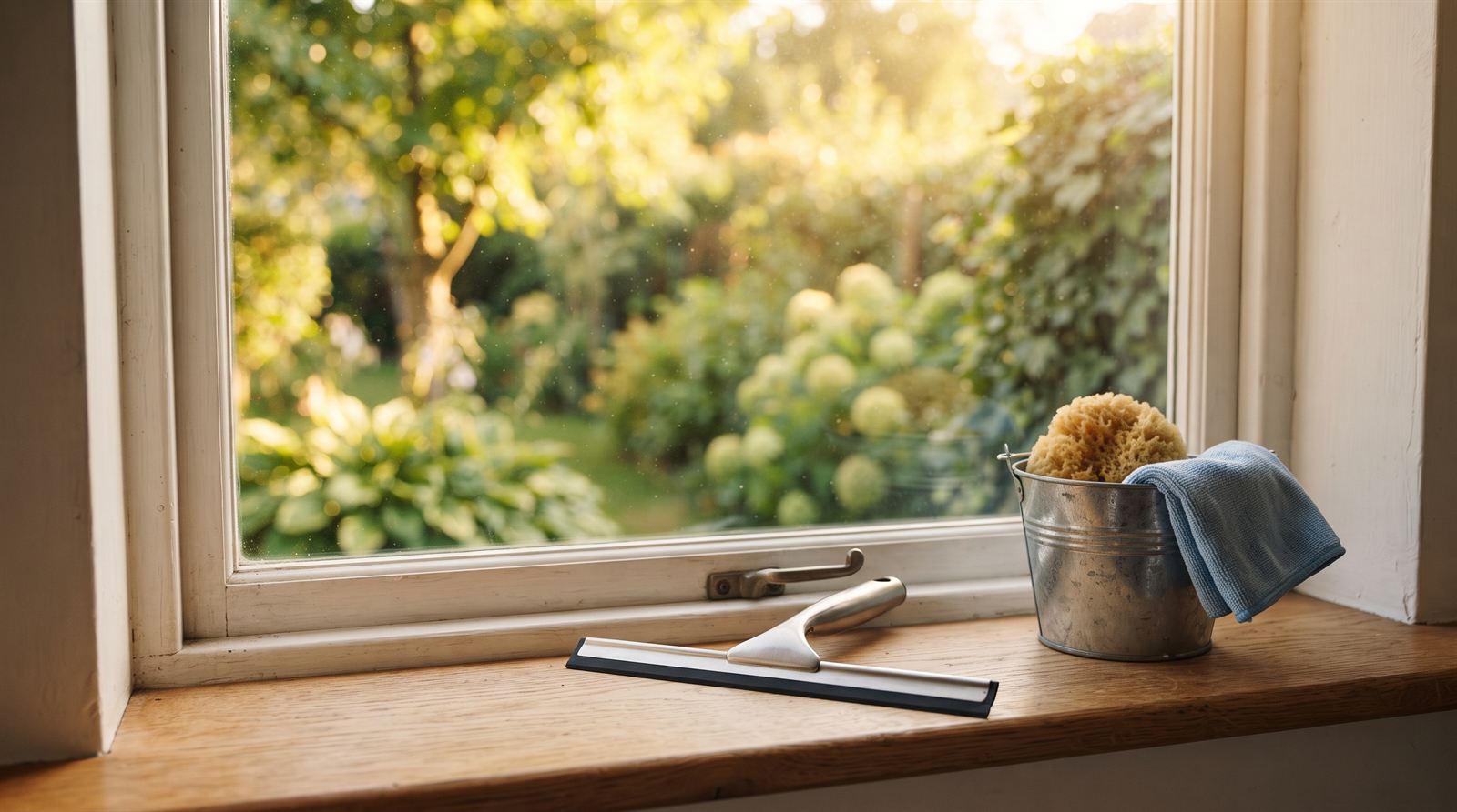A sparkling clean window at golden hour with a squeegee and a bucket with a sponge on the sill